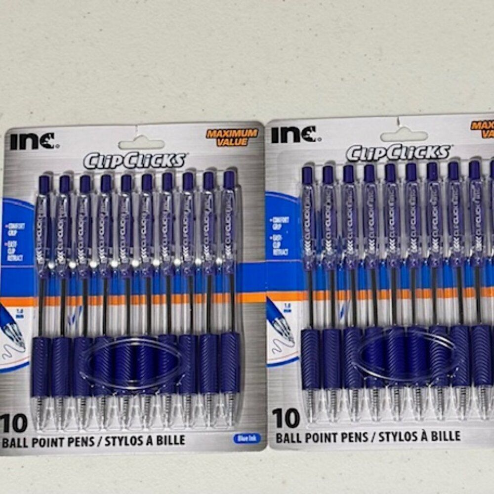 SET OF 2 Inc Clip Clicks Retractable Ball Point Pens 1.0mm 10 Pens ~ Blue Ink